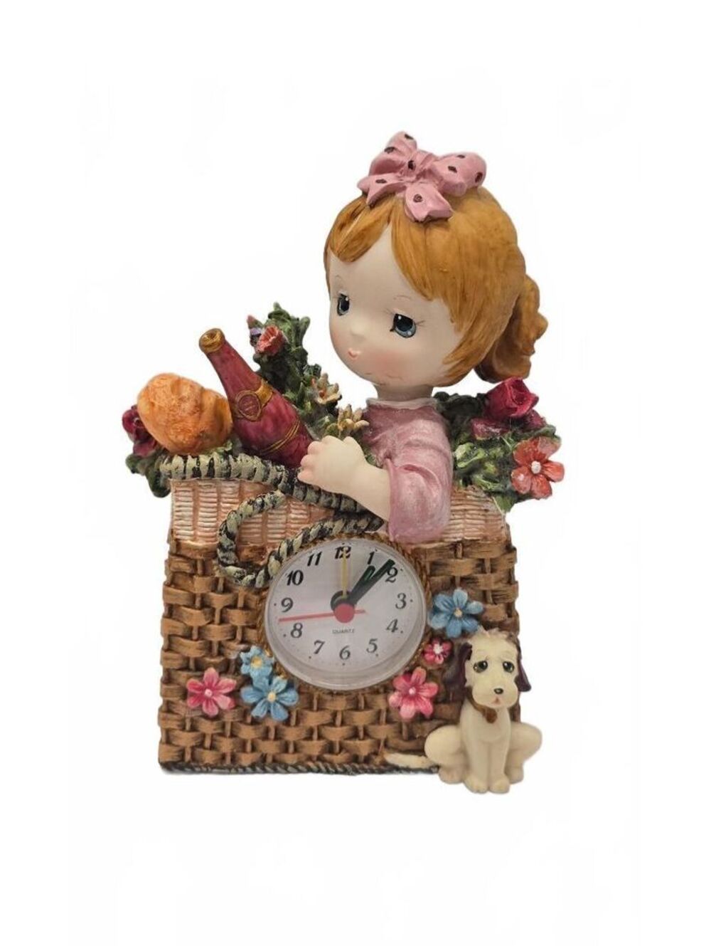 Vintage Giovanni Giftware "Belle in Harvest Basket Table Clock by Turtle King Co